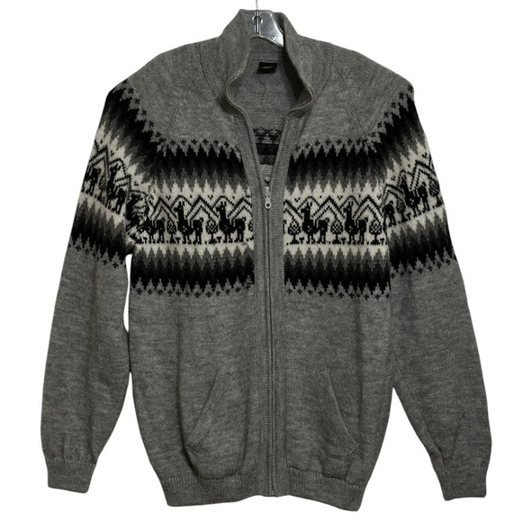 Alpaca Made in Peru Other - Alpaca Made in Peru Full Zip Cardigan Men Gray Llama Fair Isle Sweater Cozy  L